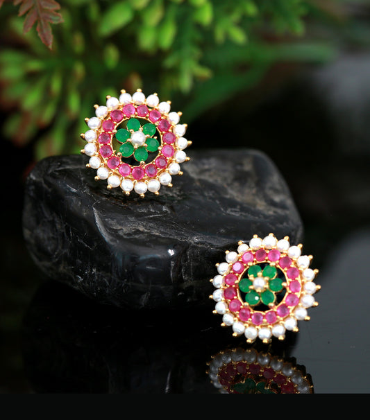 Sunflower design Ruby Emerald and Pearl stud earring, Light weight Gold plated Bridal stud, Gift for her