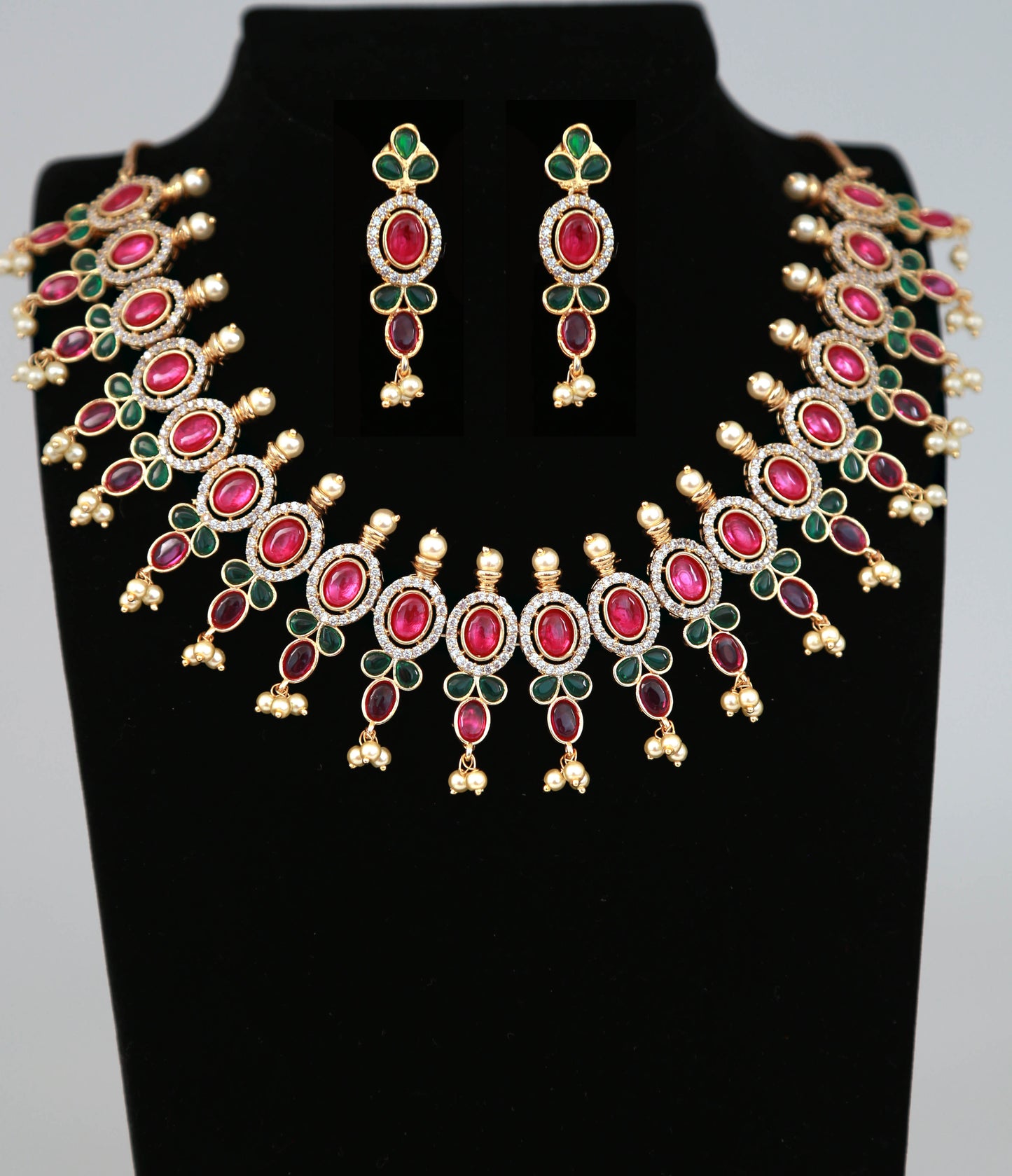 Real kemp stone South Indian necklace|Pink Oval stone Kemp Jewelry|One gram gold necklace Earring set