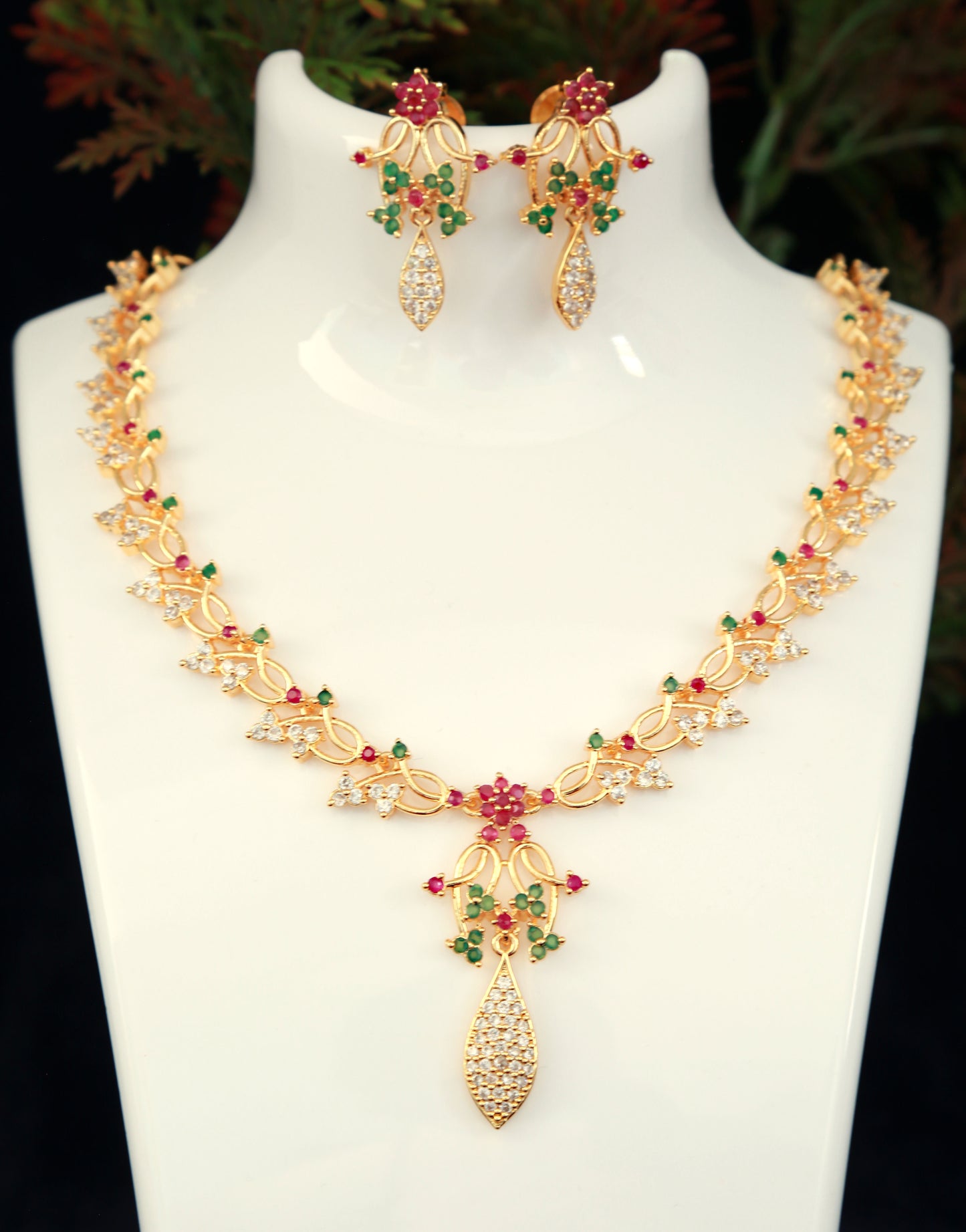 22K Gold plated American diamond Floral necklace, South Indian Style Beautiful Jewelry set