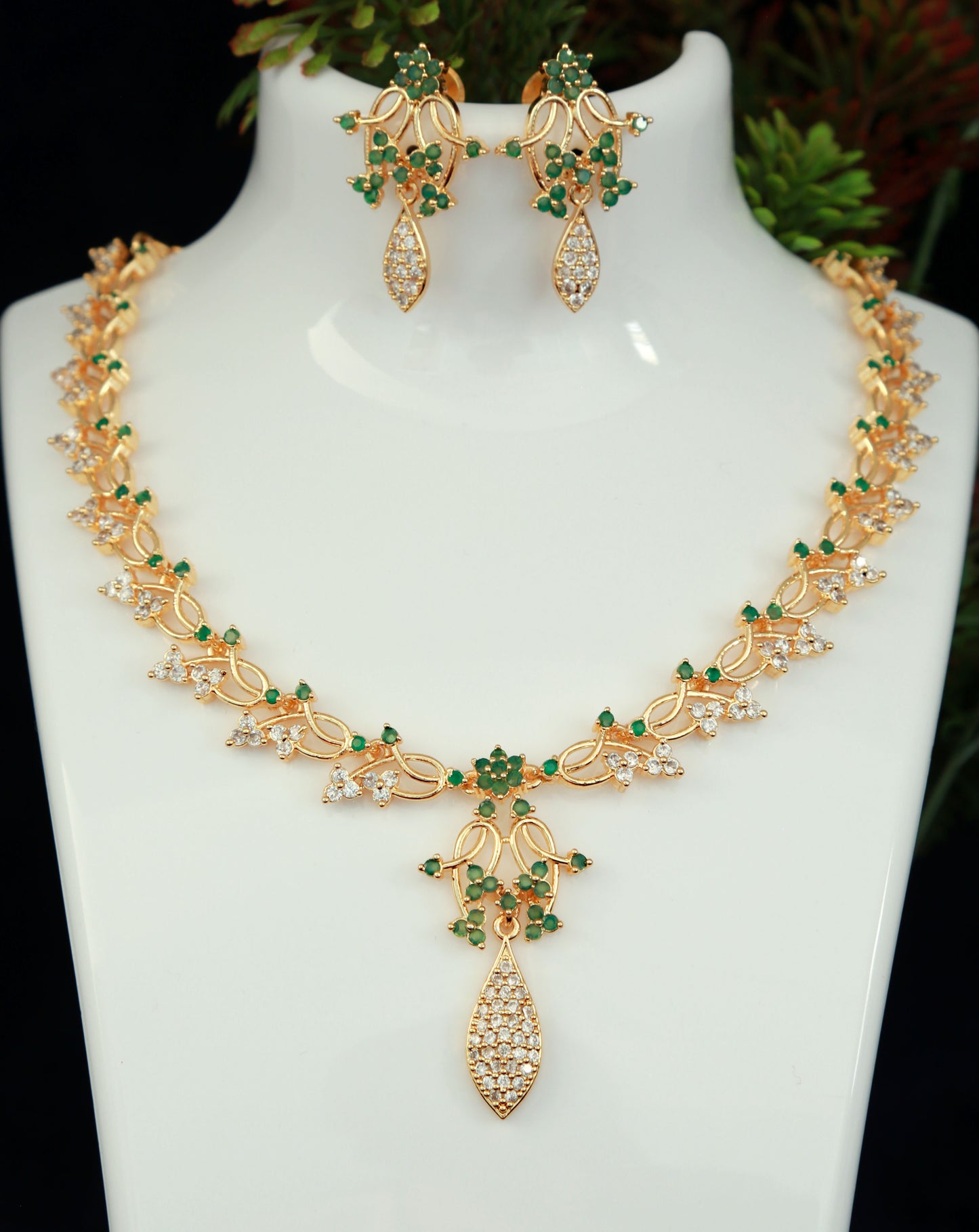 22K Gold plated American diamond Floral necklace, South Indian Style Beautiful Jewelry set