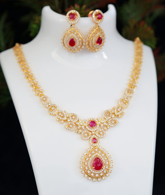 Luxury Pear shaped Ruby stone American Diamond Gold plated necklace earring set, Indian style wedding jewelry, CZ Ruby Diamond necklace, Gift for Her