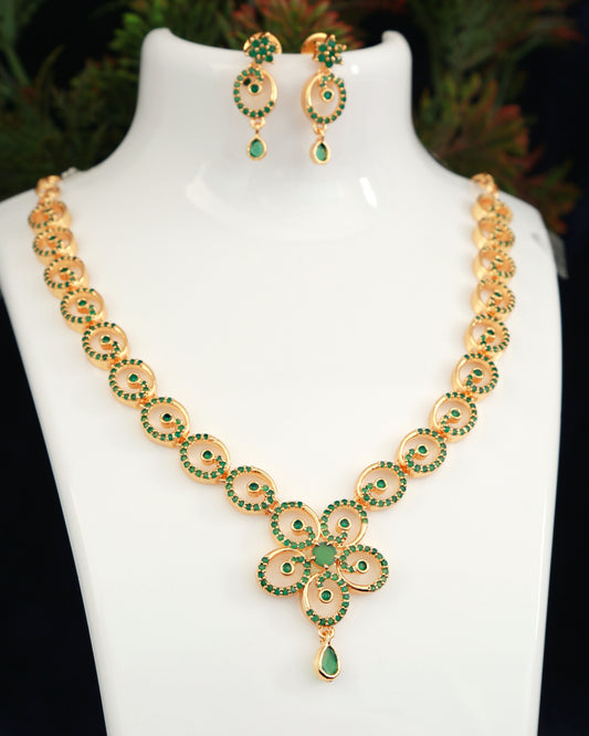Gold Plated American Diamond Emerald crystal Necklace Earrings, South Indian style Jewelry set