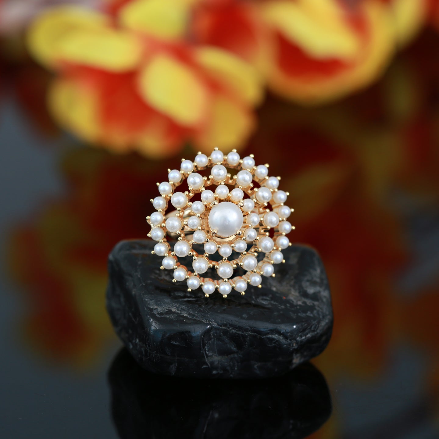 Gold Polish cocktail Pearl ring with CZ American Diamonds, RubyEmerald –  Indian Designs
