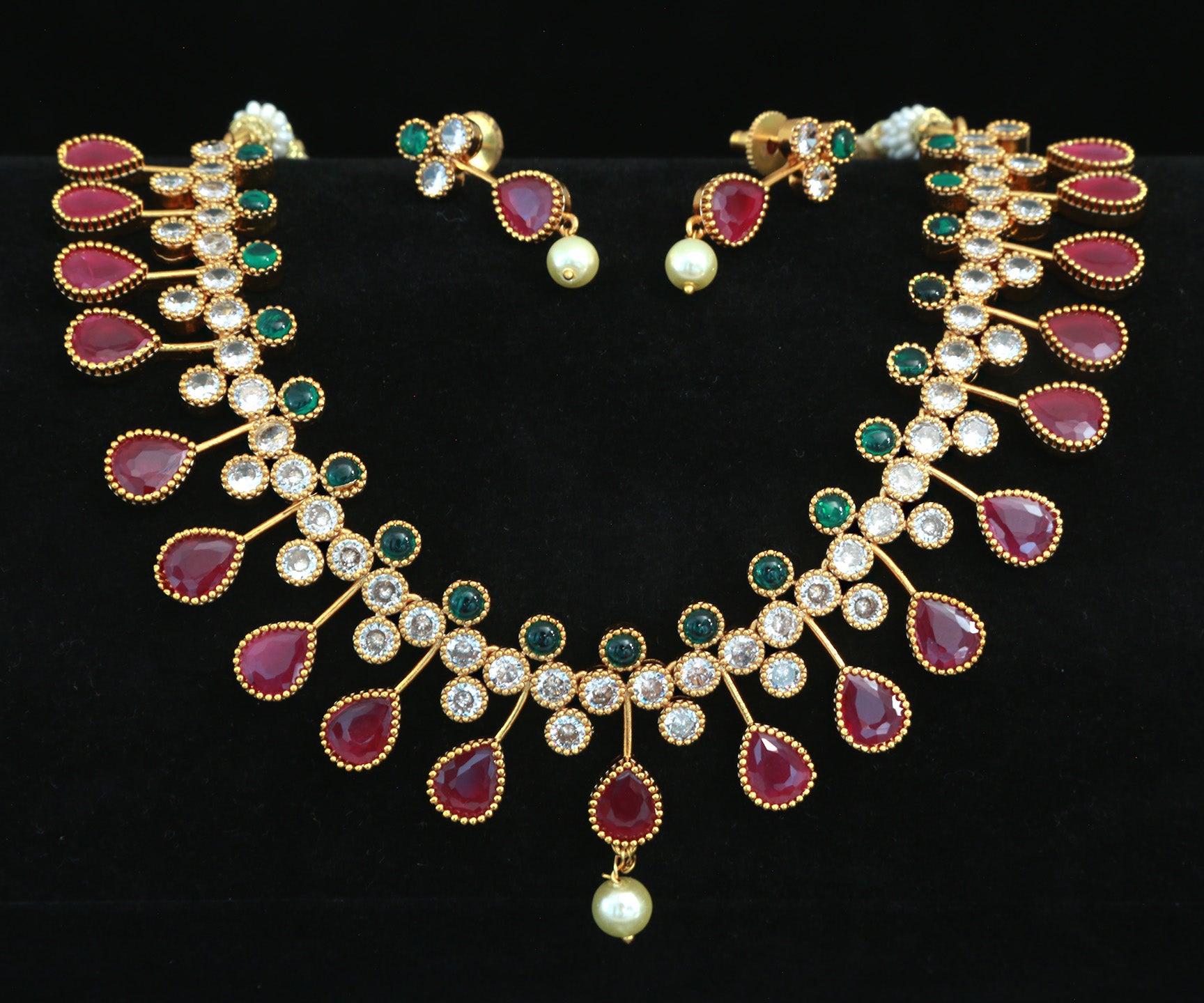 Indian Designs Gold Plated American Diamond Emerald Necklace Set