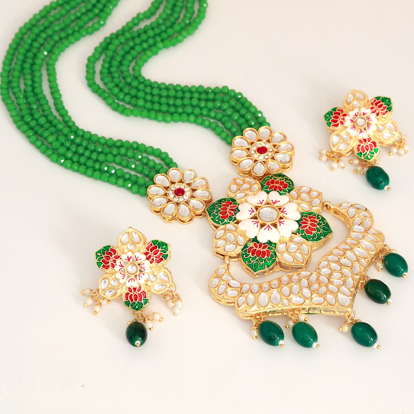 Multi strand crystal bead necklace and kundan pendant earring set | Gold plated Meenakari work Floral Rajwadi Kundan Pendant Handcrafted Indian jewelry