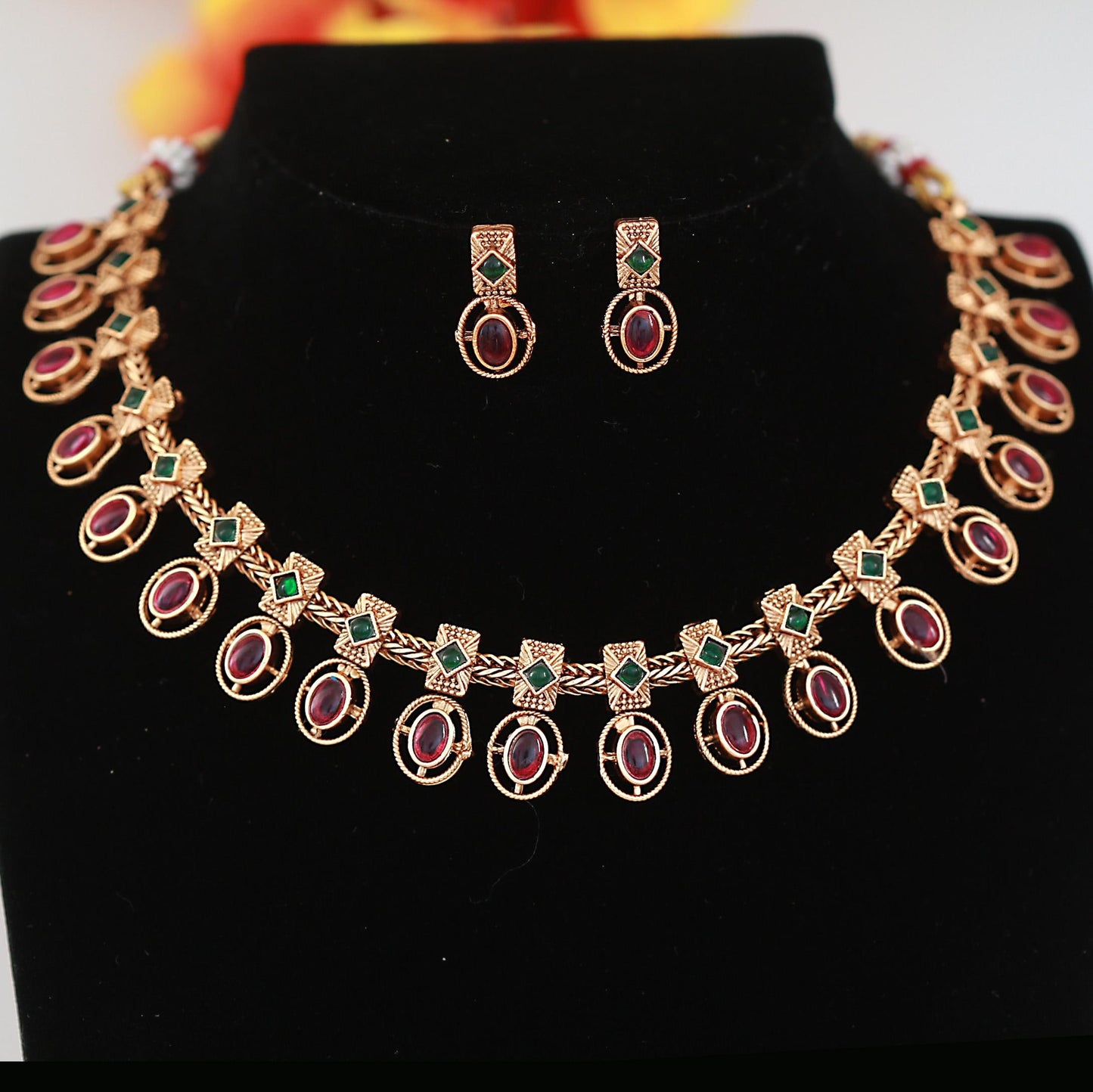 Matte Finish Traditional Necklace Set| Ruby Emerald Stone Jewelry| South Indian Jewelry | Antique Temple Style Bridal Jewelry| Gift for her