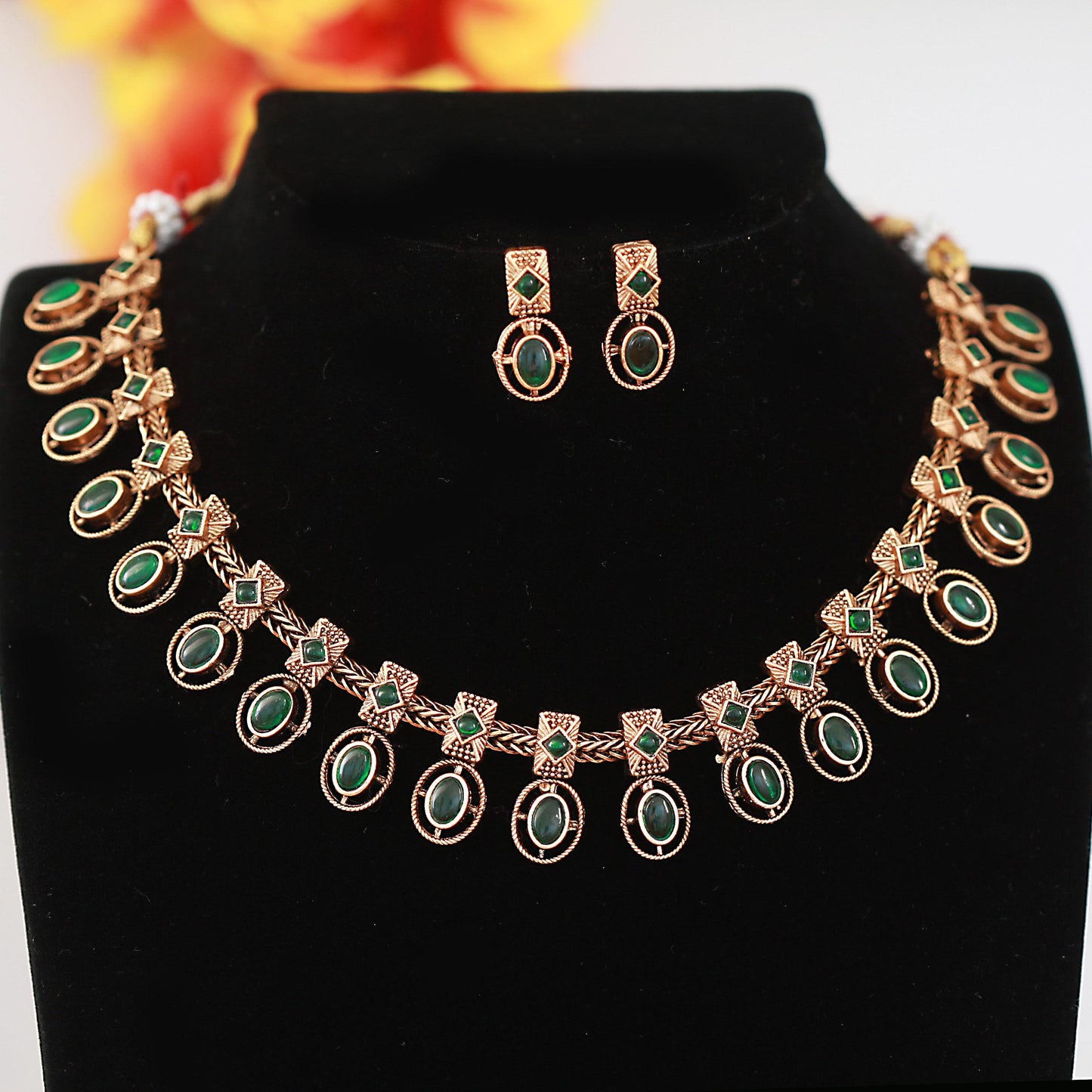 Matte Finish Traditional Necklace Set| Ruby Emerald Stone Jewelry| South Indian Jewelry | Antique Temple Style Bridal Jewelry| Gift for her