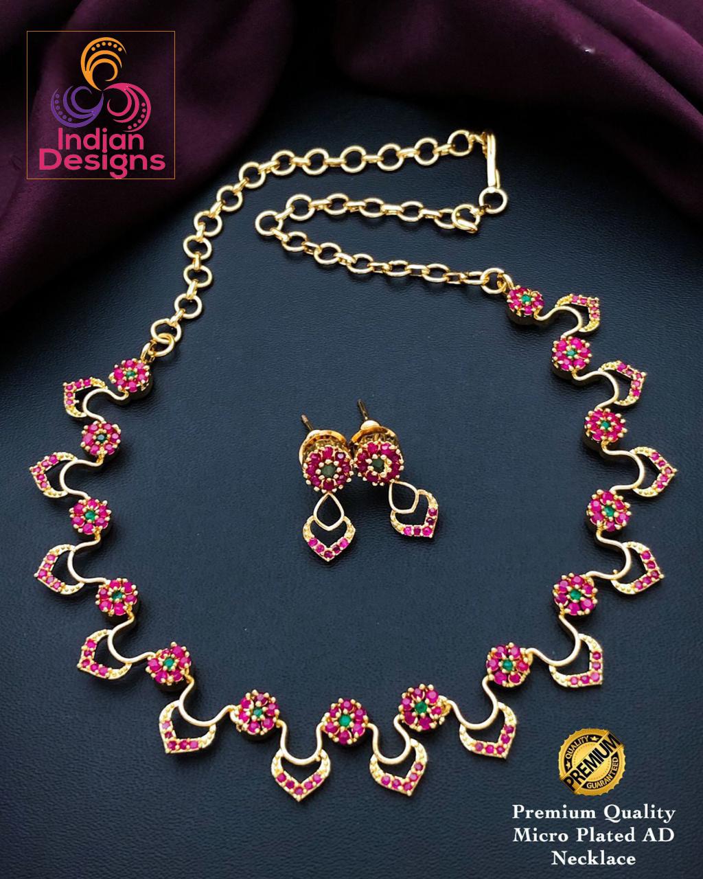 Gold Plated American diamond necklace set with earrings| Floral Design CZ Choker necklace| Minimalist Necklace Jewelry| South Indian style
