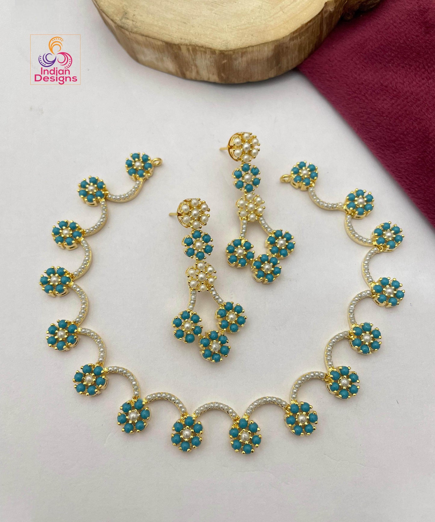 Floral Design Green and Pink Pearl & Necklace Earring Set| Traditional Indian Jewelry with Pearls| Minimalist Pearl necklace| Gift for her