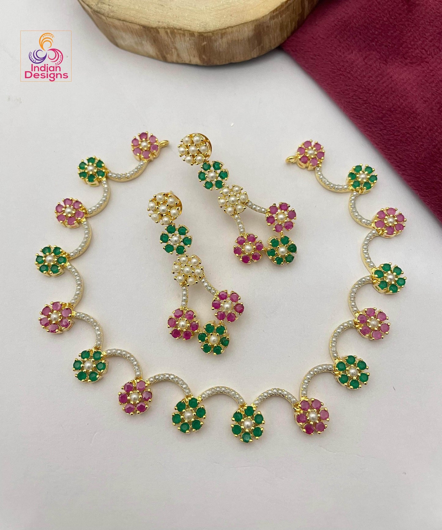 Floral Design Green and Pink Pearl & Necklace Earring Set| Traditional Indian Jewelry with Pearls| Minimalist Pearl necklace| Gift for her
