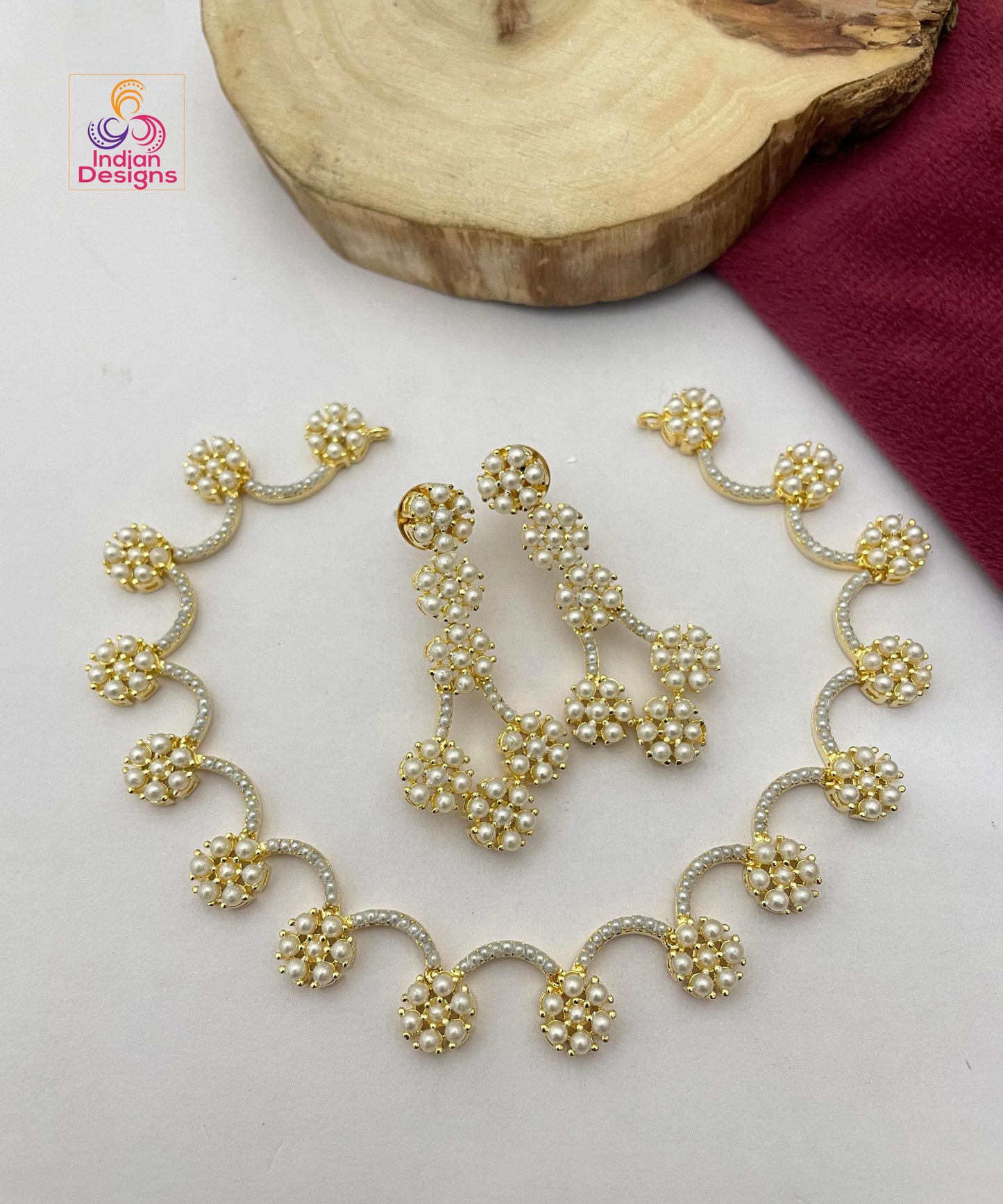 Floral Design Green and Pink Pearl & Necklace Earring Set| Traditional Indian Jewelry with Pearls| Minimalist Pearl necklace| Gift for her