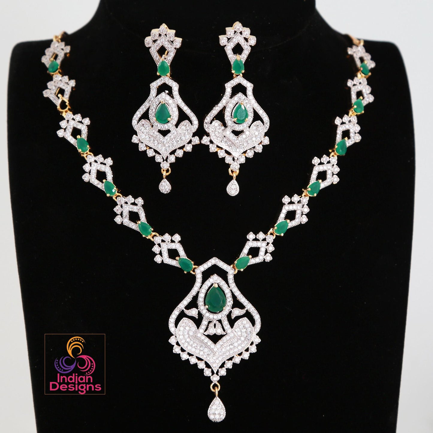 Beautiful American Diamond Necklace & Earrings| CZ Diamond Ruby Emerald Necklace| Party wear Jewelry| Fashion Wedding Necklace| Gift for her