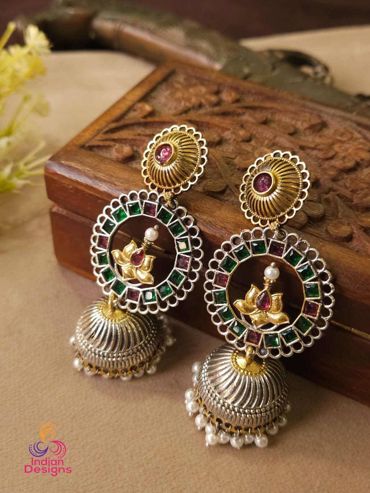 Lotus Oxidized Jhumka Earrings| Dual Tone Kemp Stone Earrings| Antique Silver Gold Jhumkas| Temple Style Earrings| Multicolor earrings