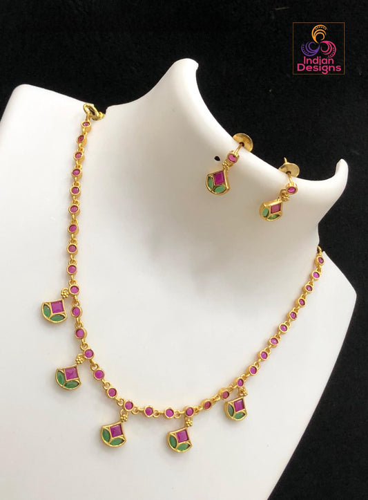 Gold Plated Minimalist CZ necklace set with earrings| Simple Stylish Necklace And Earrings| Ruby and green Indian jewelry|South Indian style