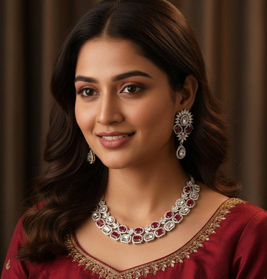 American Diamond Double line necklace set| CZ stone Party Wear Jewelry| Indian Wedding party wear jewelry| Statement Jewelry Indian Designs