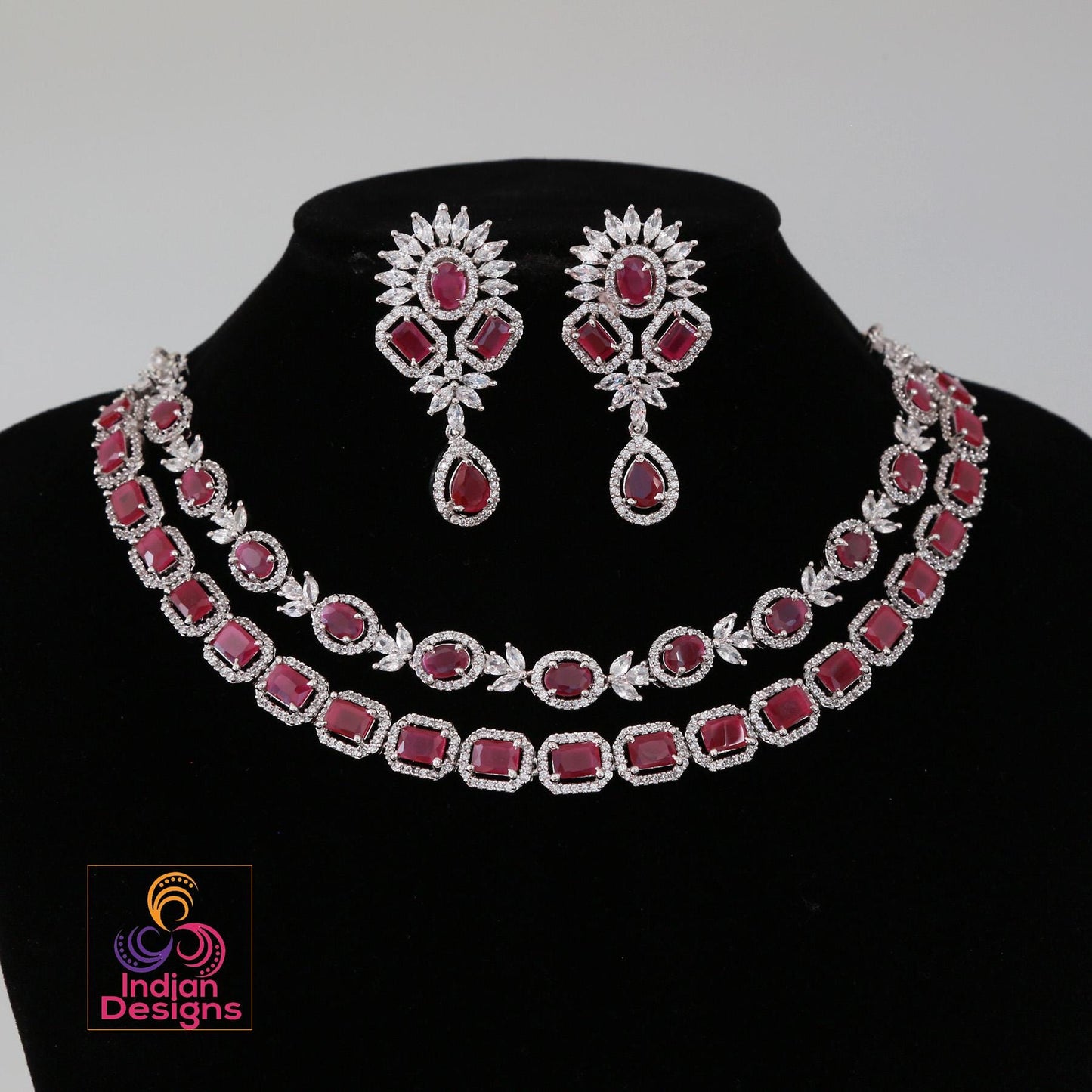 American Diamond Double line necklace set| CZ stone Party Wear Jewelry| Indian Wedding party wear jewelry| Statement Jewelry Indian Designs
