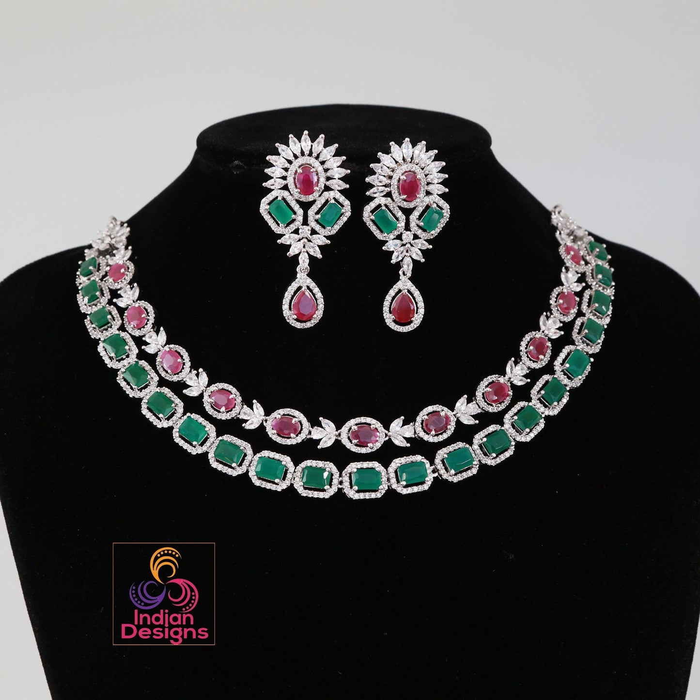 American Diamond Double line necklace set| CZ stone Party Wear Jewelry| Indian Wedding party wear jewelry| Statement Jewelry Indian Designs