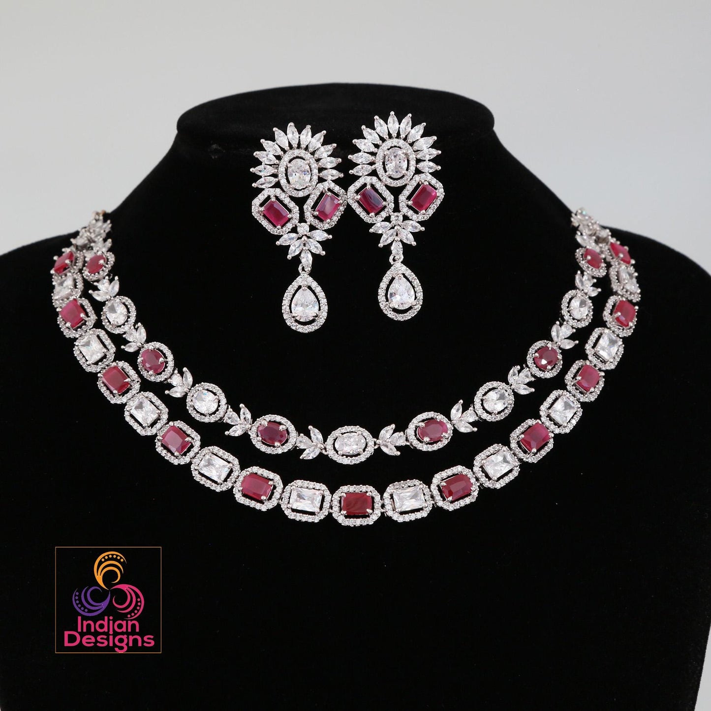 American Diamond Double line necklace set| CZ stone Party Wear Jewelry| Indian Wedding party wear jewelry| Statement Jewelry Indian Designs