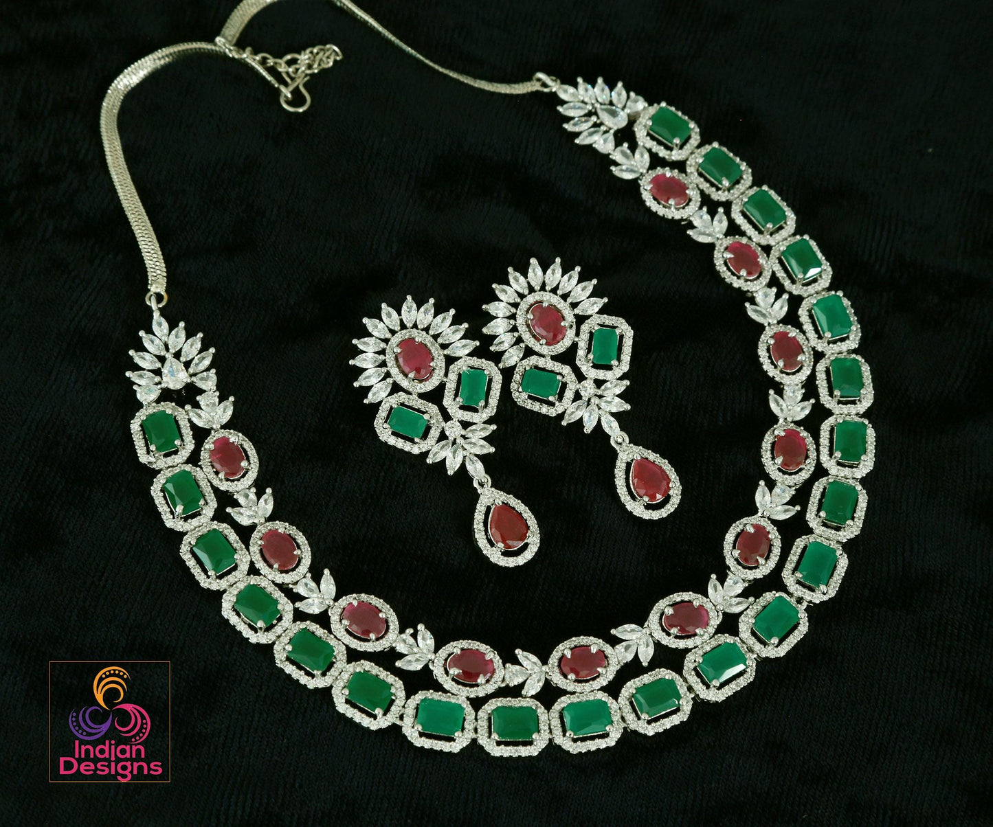 American Diamond Double line necklace set| CZ stone Party Wear Jewelry| Indian Wedding party wear jewelry| Statement Jewelry Indian Designs