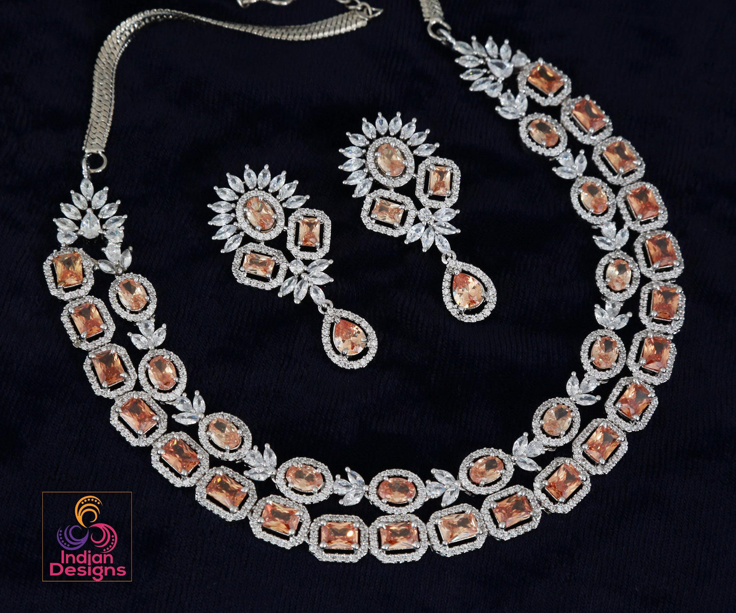 American Diamond Double line necklace set| CZ stone Party Wear Jewelry| Indian Wedding party wear jewelry| Statement Jewelry Indian Designs
