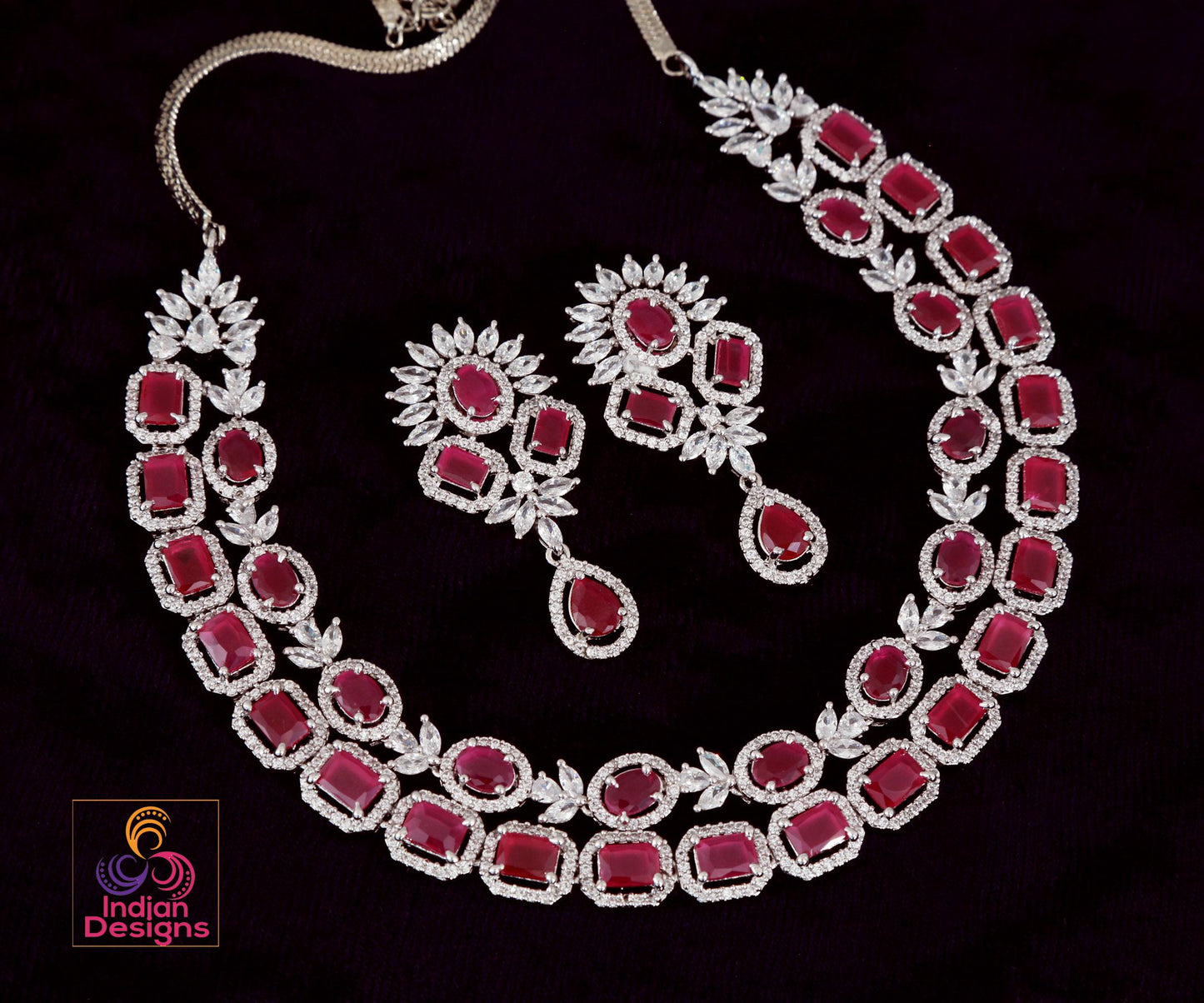 American Diamond Double line necklace set| CZ stone Party Wear Jewelry| Indian Wedding party wear jewelry| Statement Jewelry Indian Designs