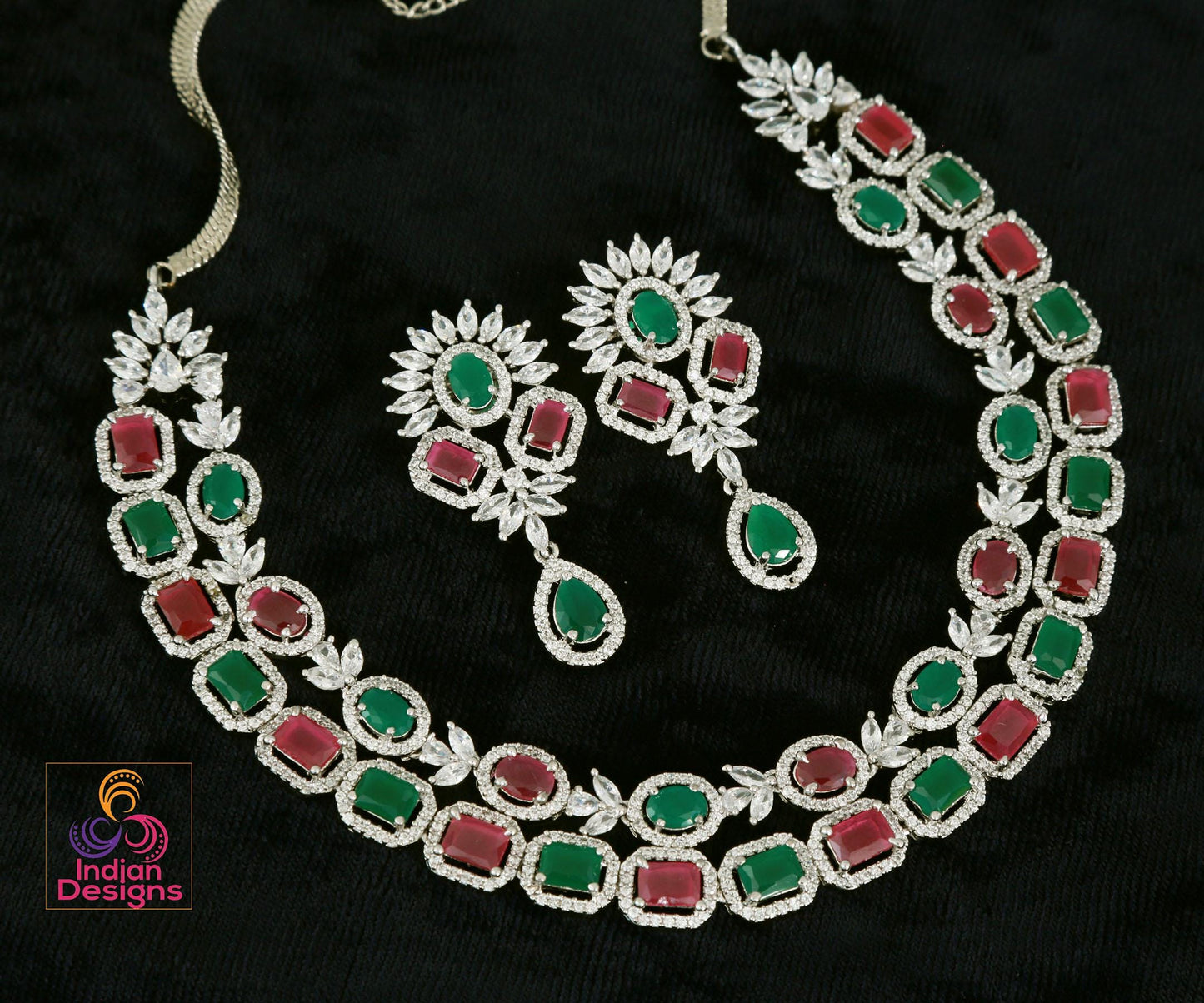 American Diamond Double line necklace set| CZ stone Party Wear Jewelry| Indian Wedding party wear jewelry| Statement Jewelry Indian Designs