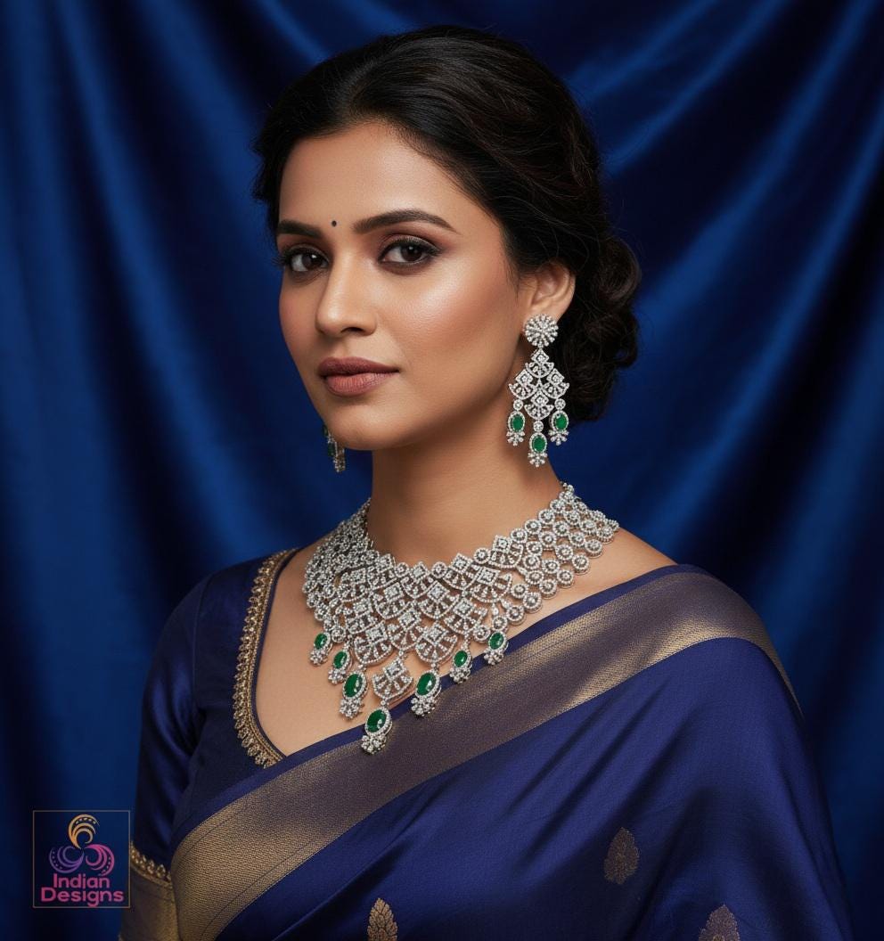 American Diamond Gold Plated CZ Necklace Set| Ruby Emerald Green Stone Choker| Floral Motif Jewelry| Traditional Indian Wedding Party Wear
