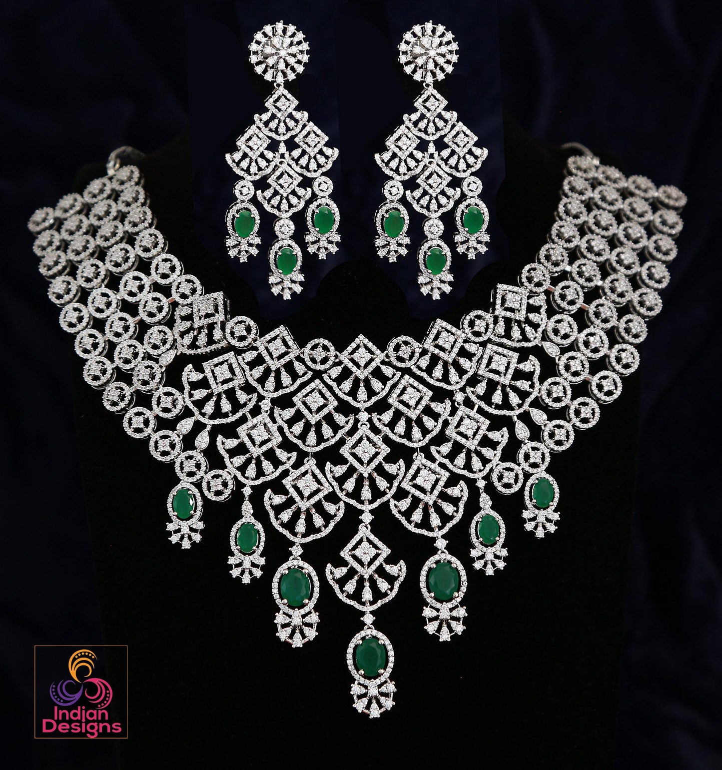 American Diamond Gold Plated CZ Necklace Set| Ruby Emerald Green Stone Choker| Floral Motif Jewelry| Traditional Indian Wedding Party Wear