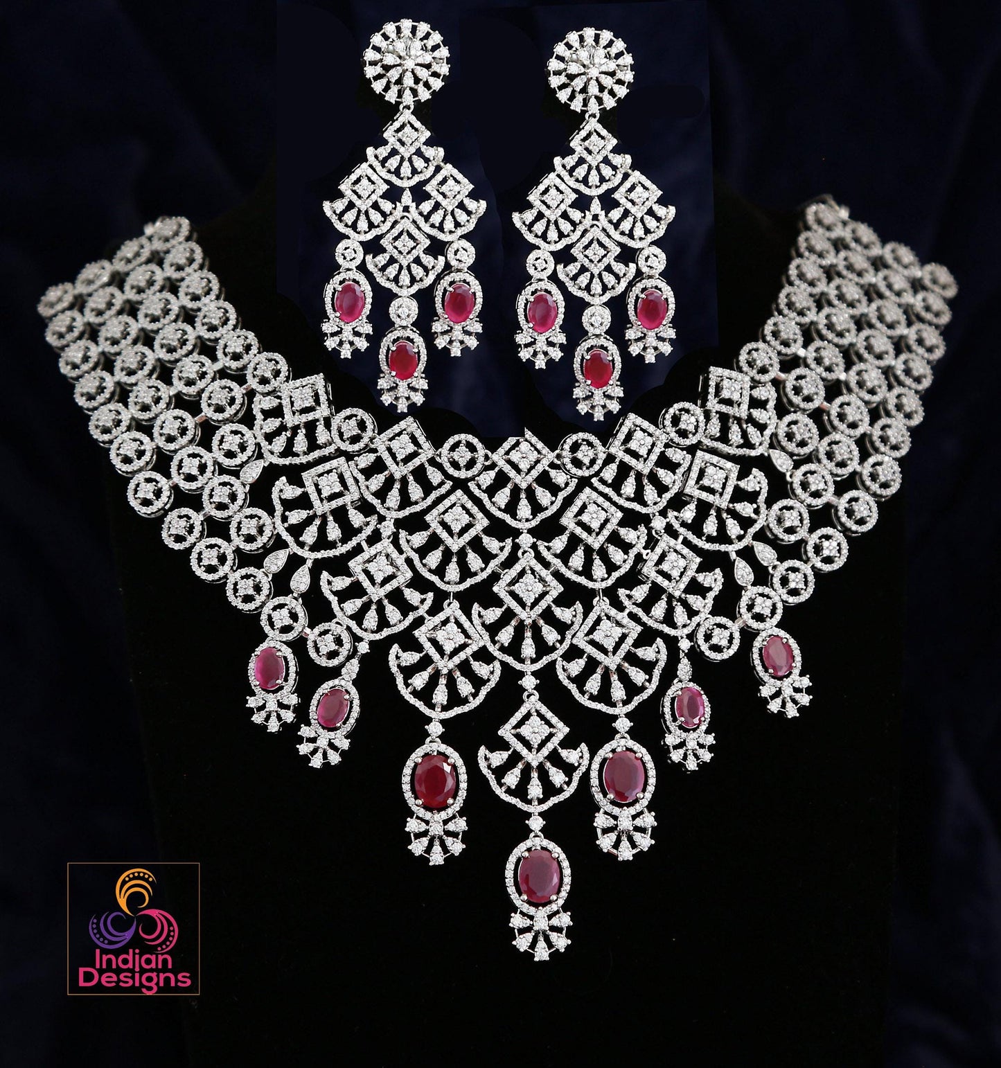American Diamond Gold Plated CZ Necklace Set| Ruby Emerald Green Stone Choker| Floral Motif Jewelry| Traditional Indian Wedding Party Wear