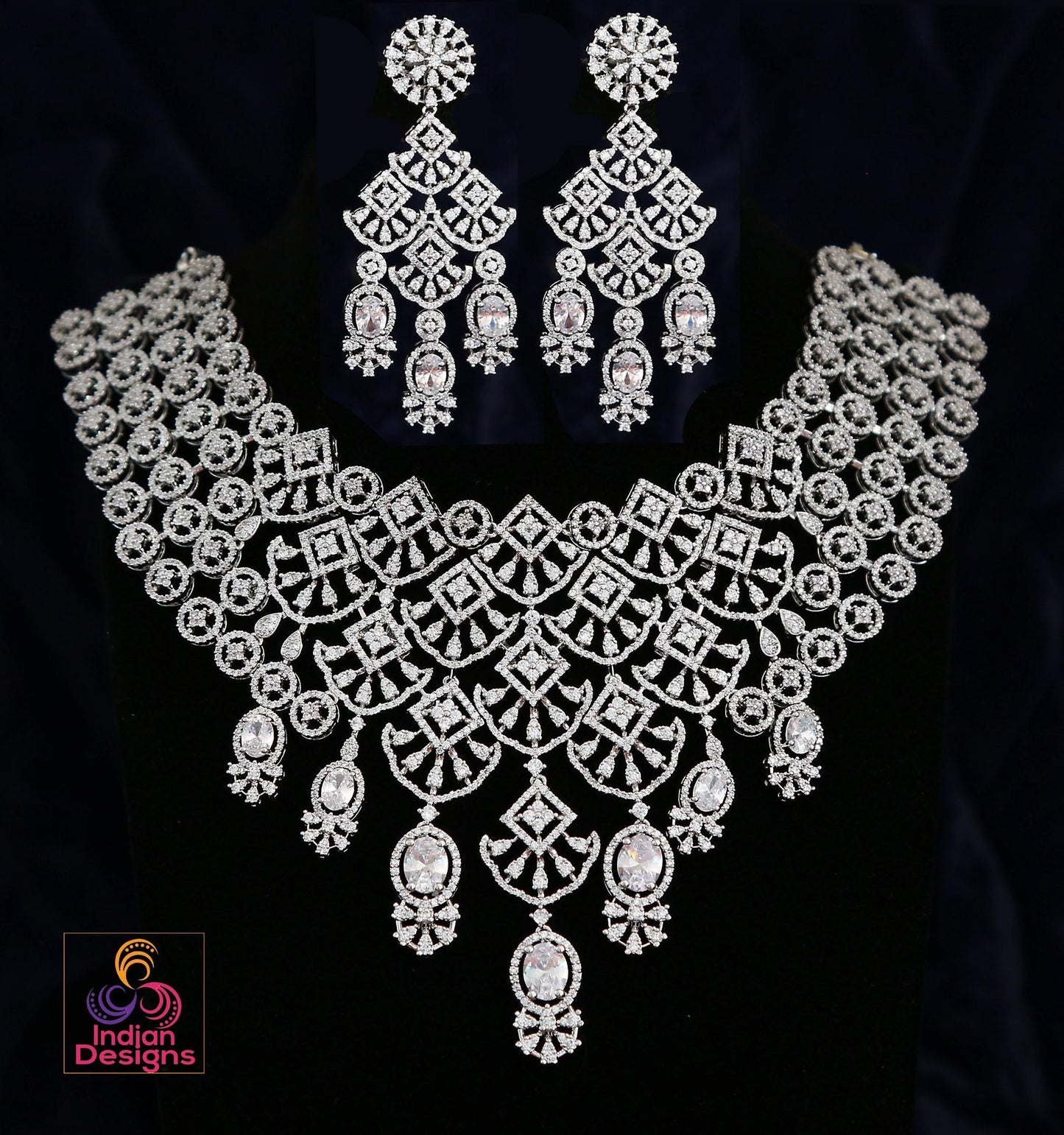 American Diamond Gold Plated CZ Necklace Set| Ruby Emerald Green Stone Choker| Floral Motif Jewelry| Traditional Indian Wedding Party Wear