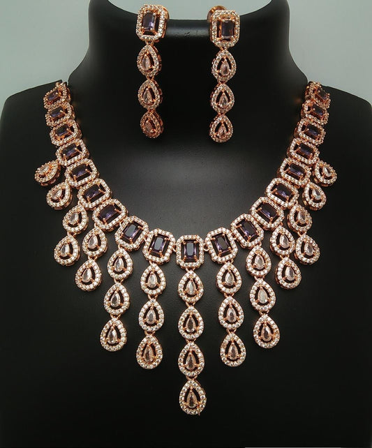 Rose Gold American Diamond multi strand Purple necklace and Earrings