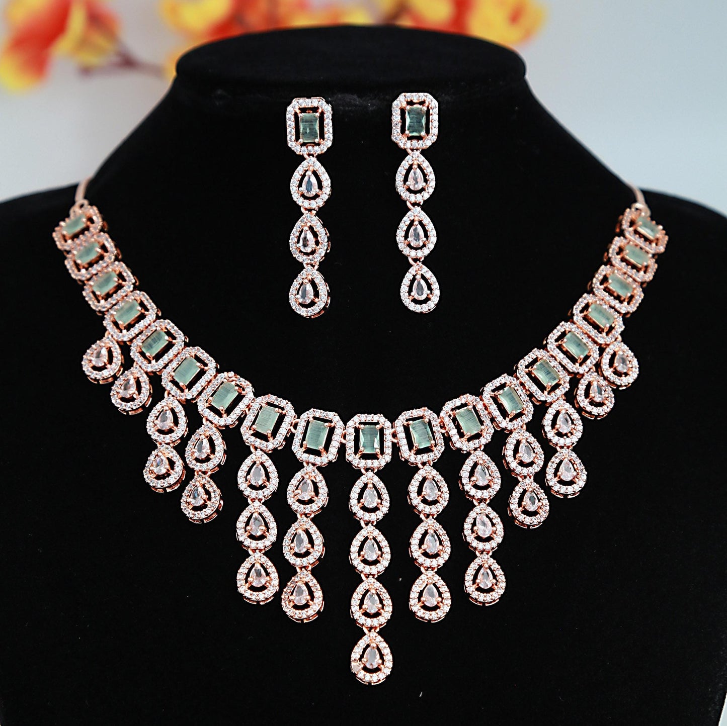 Rose Gold American Diamond multi strand Purple necklace and Earrings