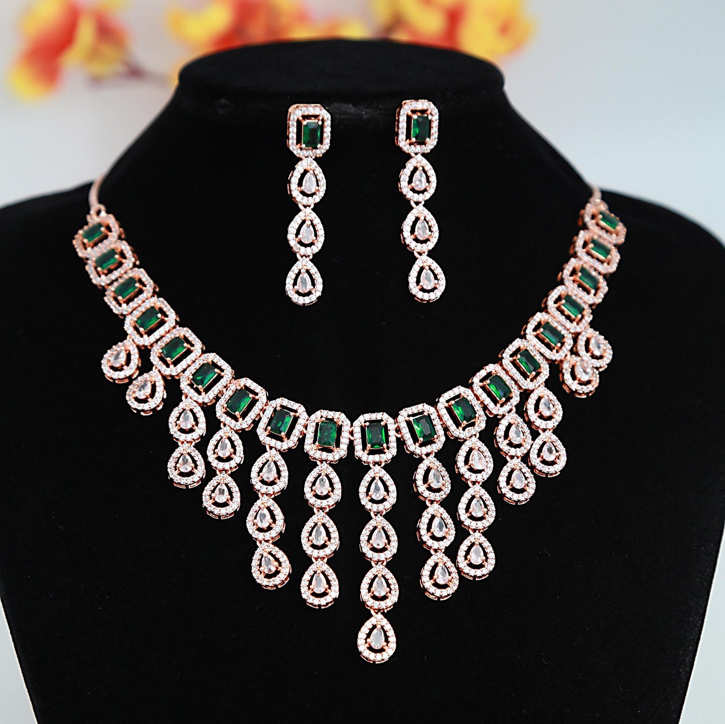 Rose Gold American Diamond multi strand Purple necklace and Earrings