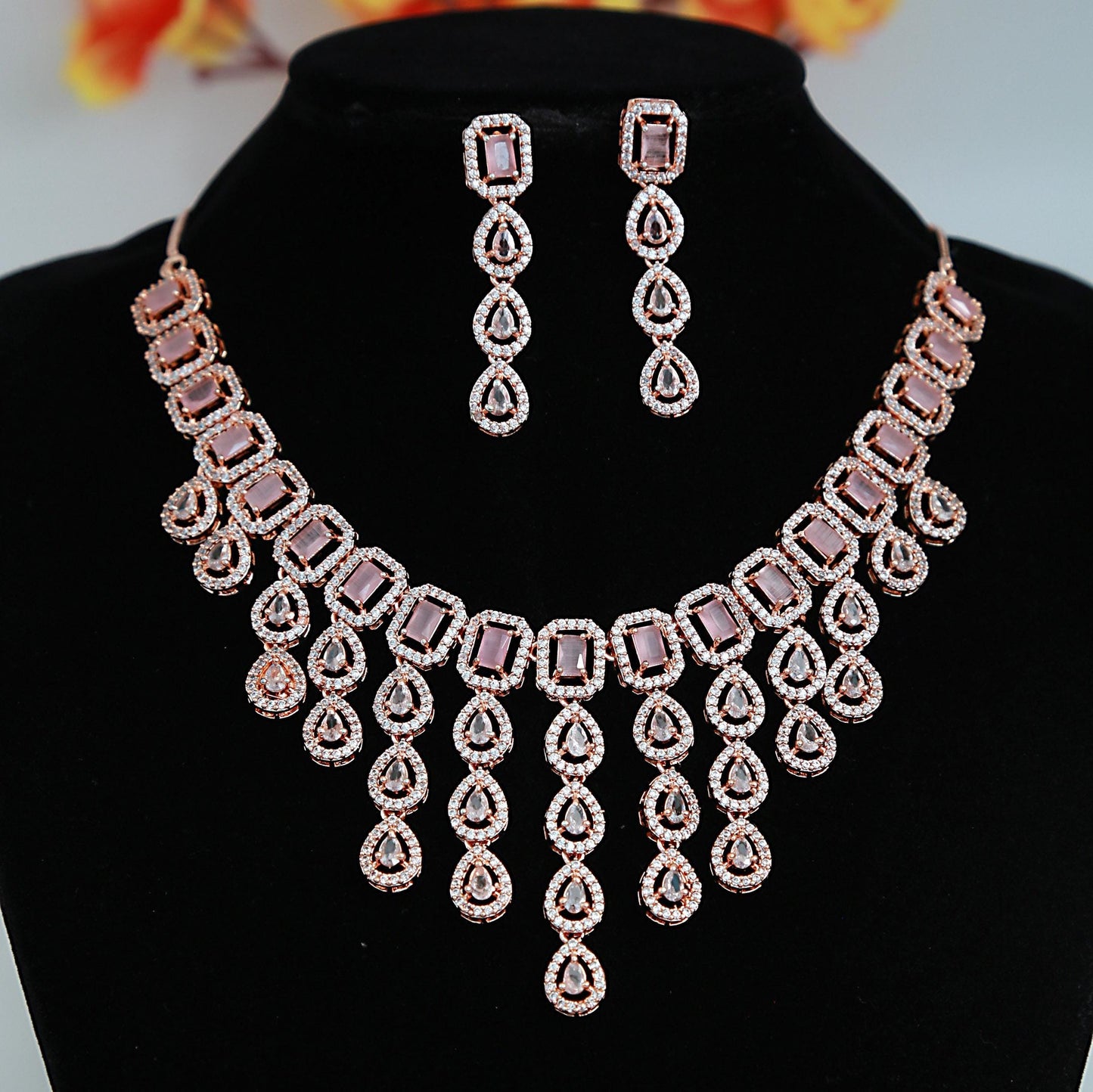 Rose Gold American Diamond multi strand Purple necklace and Earrings
