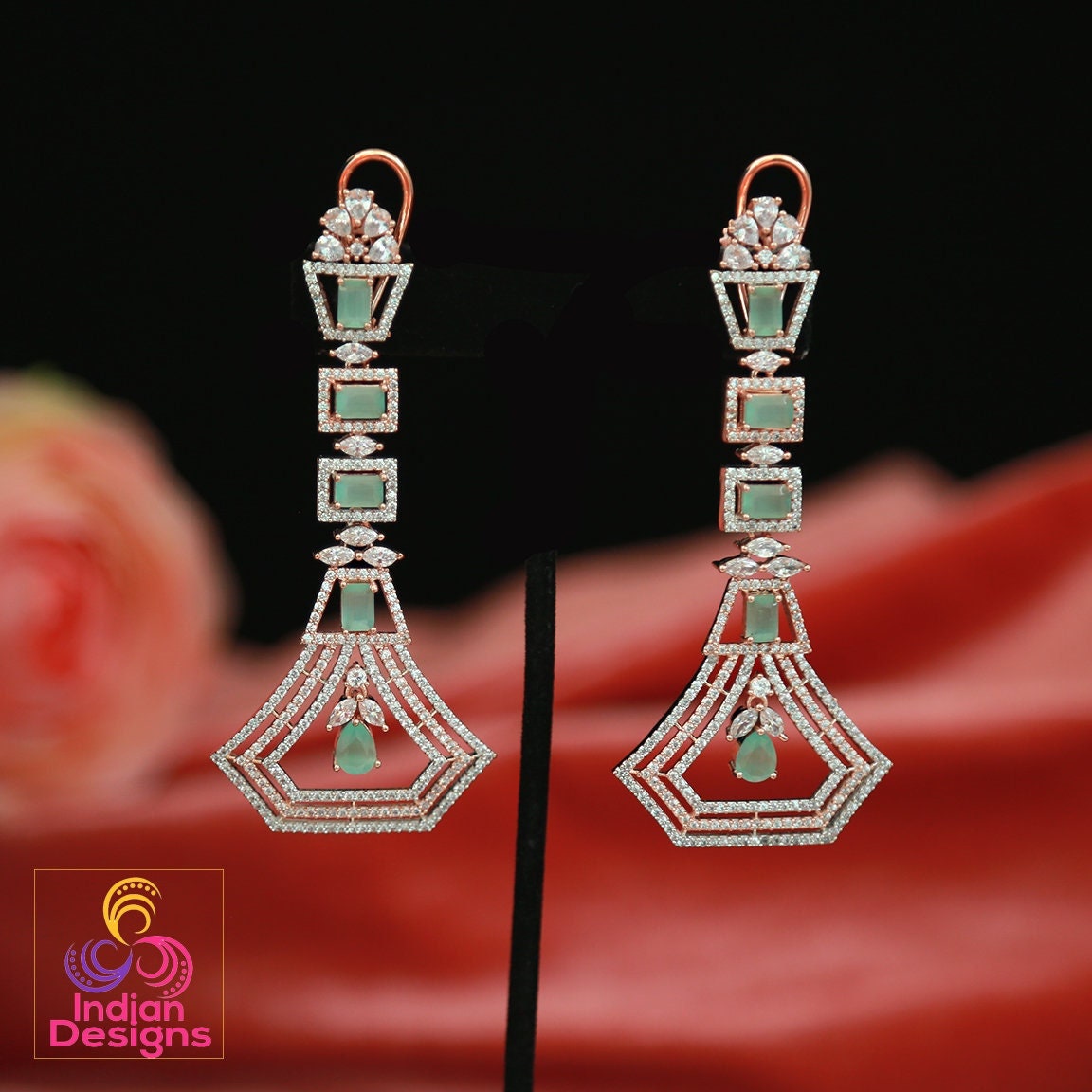 Rose Gold American Diamond chandelier earrings| Elegant Statement Earrings for wedding| Indian Wedding CZ AD Crystal Earrings| Gift for her