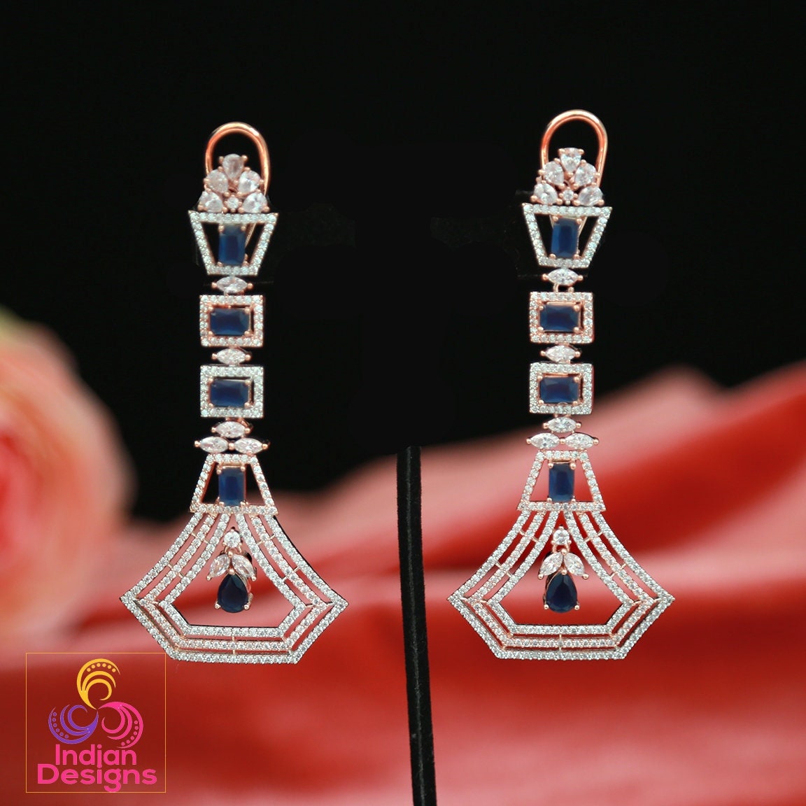 Rose Gold American Diamond chandelier earrings| Elegant Statement Earrings for wedding| Indian Wedding CZ AD Crystal Earrings| Gift for her