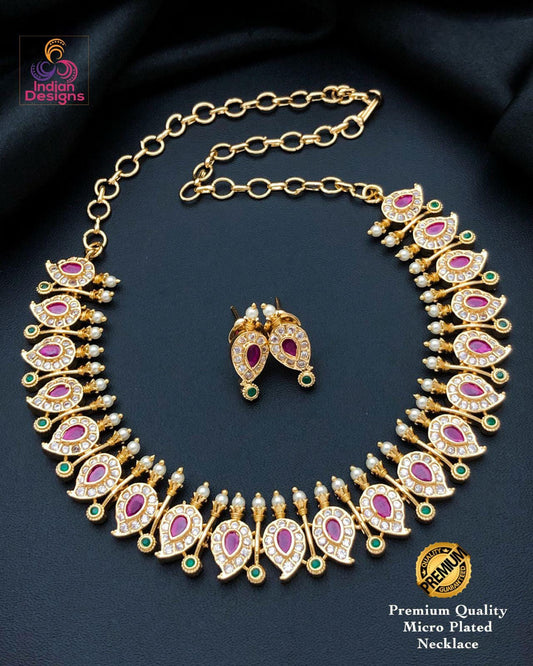 Gold plated AD choker necklace with Earrings| stylish wedding necklace| Indian Wedding party wear jewelry| short necklace set| Gift for her