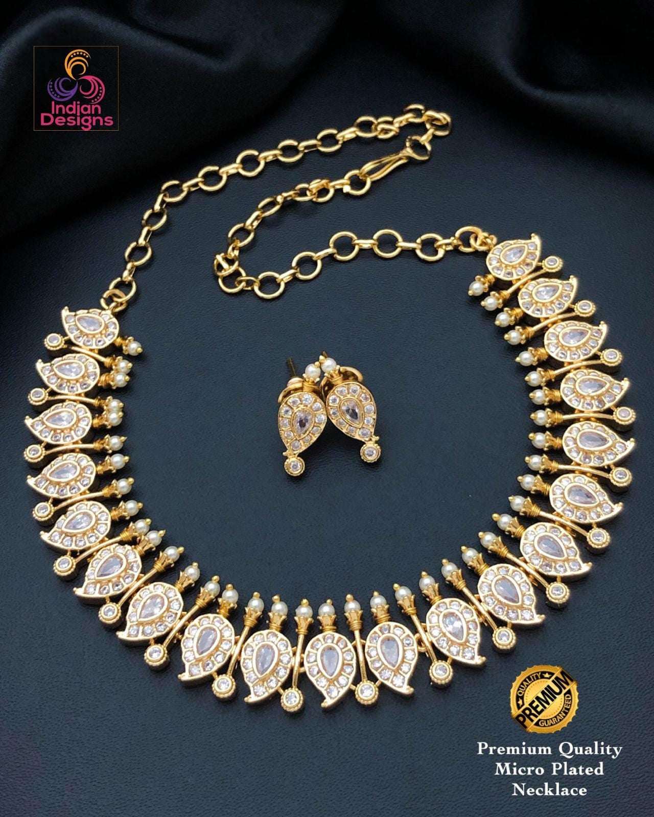 Gold plated AD choker necklace with Earrings| stylish wedding necklace| Indian Wedding party wear jewelry| short necklace set| Gift for her