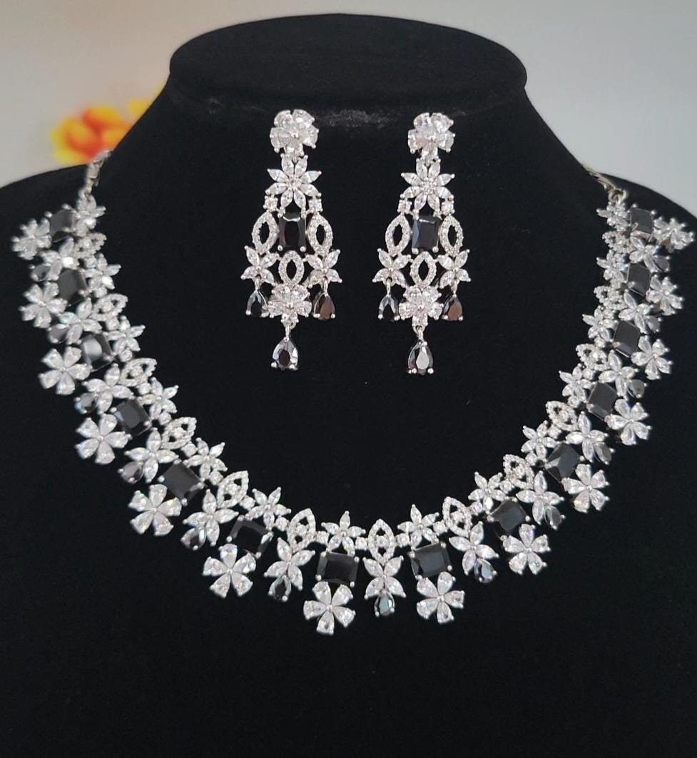 AD stone Topaz Necklace and Earring set | Topaz/Black CZ stone Choker set | Statement Jewelry|Indian Bollywood style Jewelry | Gift for her