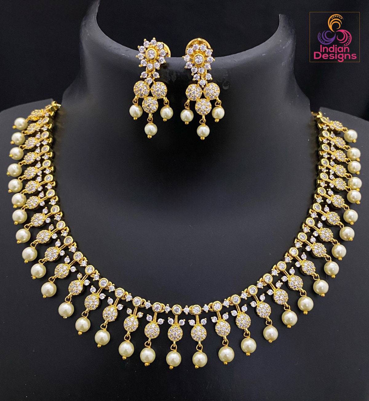 Gold Plated American diamond necklace set with Pearl Drop| Trendy South Indian style Fashion Jewelry| One gram gold CZ AD necklace Earrings