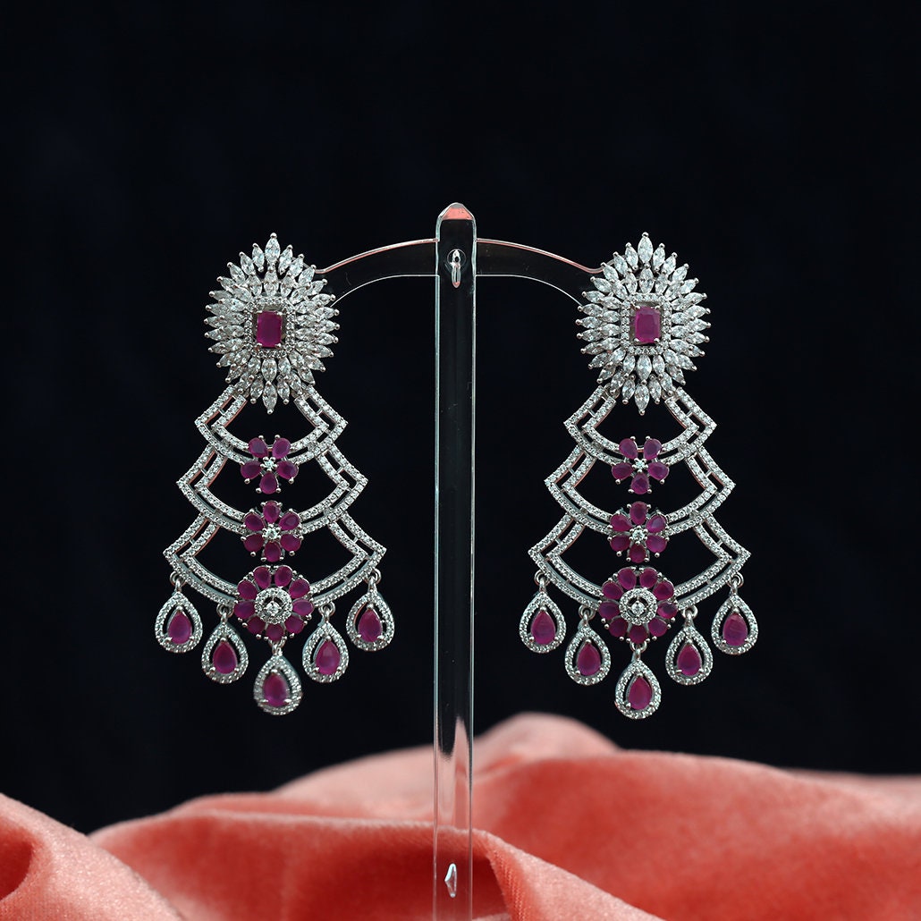 Ruby & Topaz CZ Diamond Chandelier Earrings| Trendy Silver Statement Wedding Earrings| American Diamond Earrings| Indian/Pakistani Earrings