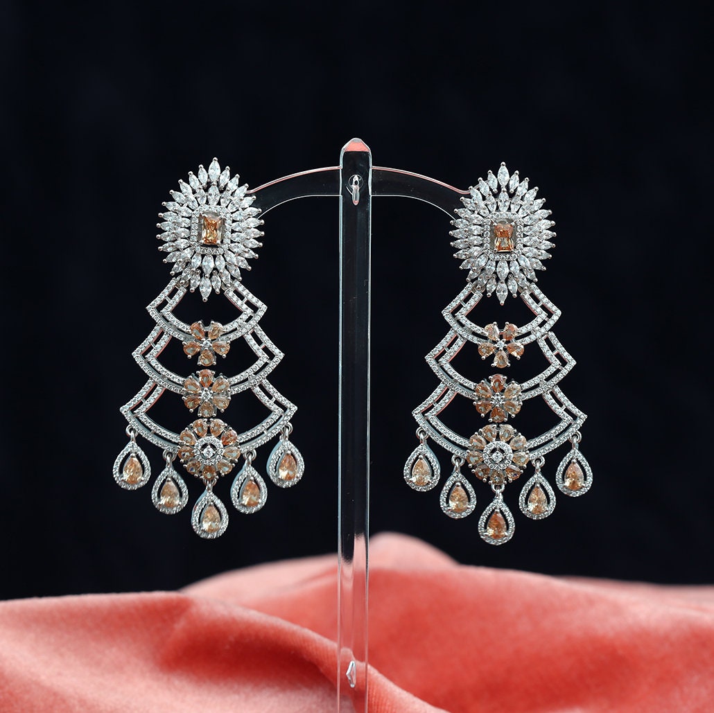 Ruby & Topaz CZ Diamond Chandelier Earrings| Trendy Silver Statement Wedding Earrings| American Diamond Earrings| Indian/Pakistani Earrings