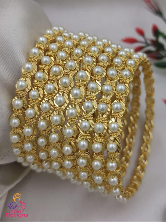 Gold Plated Pearl Bangles for Women| Stackable White Pearl Kada Set| Indian Bridal Wedding Jewelry| Lightweight Daily Wear bangles - 8Pcs