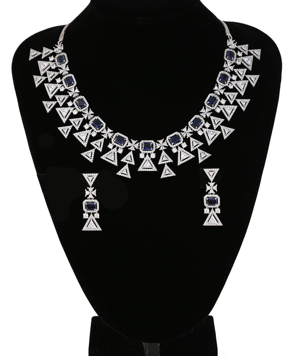 CZ Silver American Diamond Trendy Indian Wedding Jewelry Necklace|  Bollywood Bridal set| Blue Statement necklace Earring Set| Gift for her