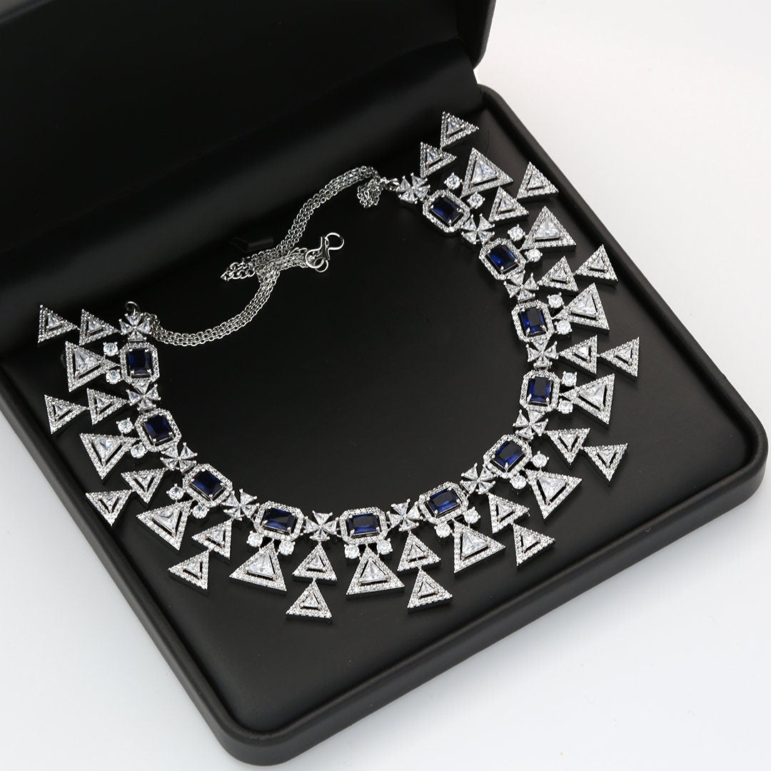 CZ Silver American Diamond Trendy Indian Wedding Jewelry Necklace|  Bollywood Bridal set| Blue Statement necklace Earring Set| Gift for her