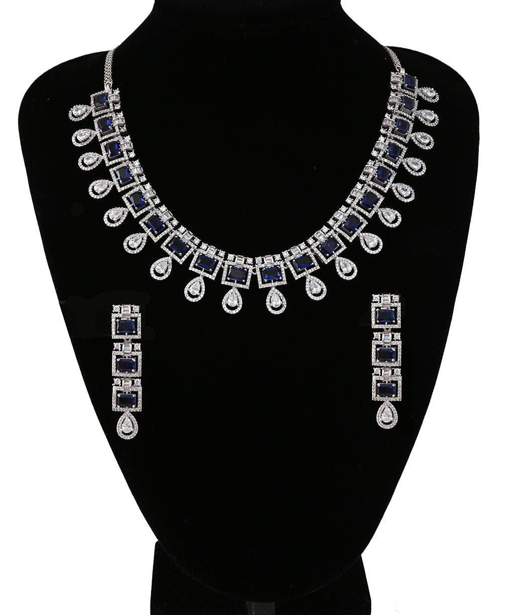 American Diamond CZ Silver tone Necklace Earrings Jewelry Set| Statement Choker Necklace| Elegant Wedding Necklace Earrings Set|Gift for her