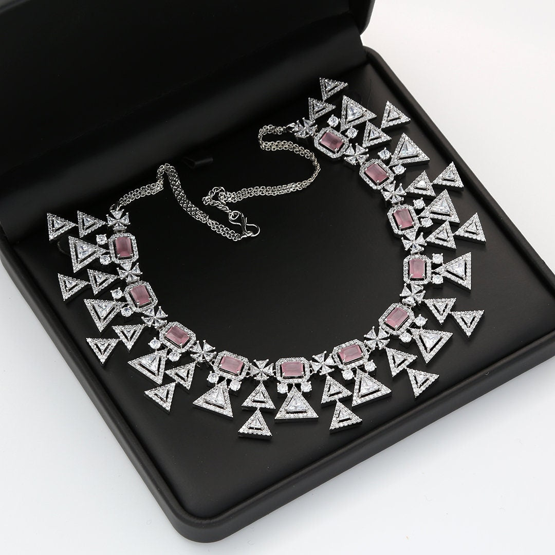 CZ Silver American Diamond Trendy Indian Wedding Jewelry Necklace|  Bollywood Bridal set| Blue Statement necklace Earring Set| Gift for her