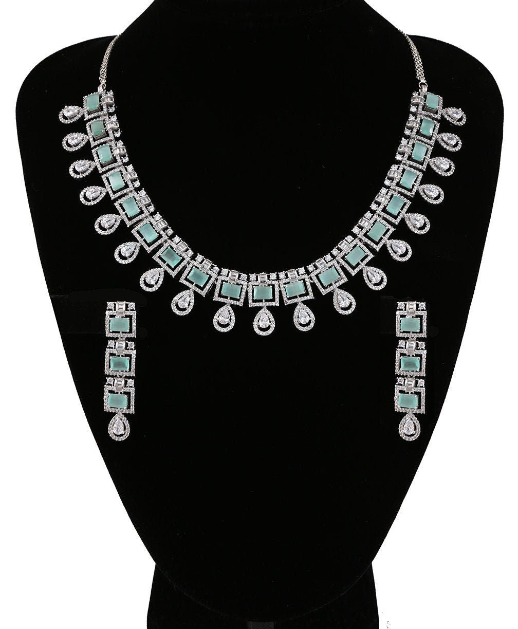 American Diamond CZ Silver tone Necklace Earrings Jewelry Set| Statement Choker Necklace| Elegant Wedding Necklace Earrings Set|Gift for her