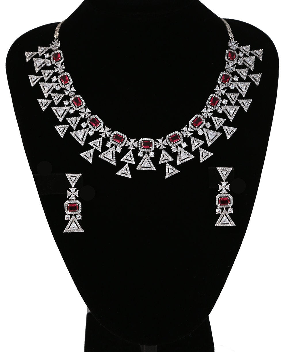 CZ Silver American Diamond Trendy Indian Wedding Jewelry Necklace|  Bollywood Bridal set| Blue Statement necklace Earring Set| Gift for her