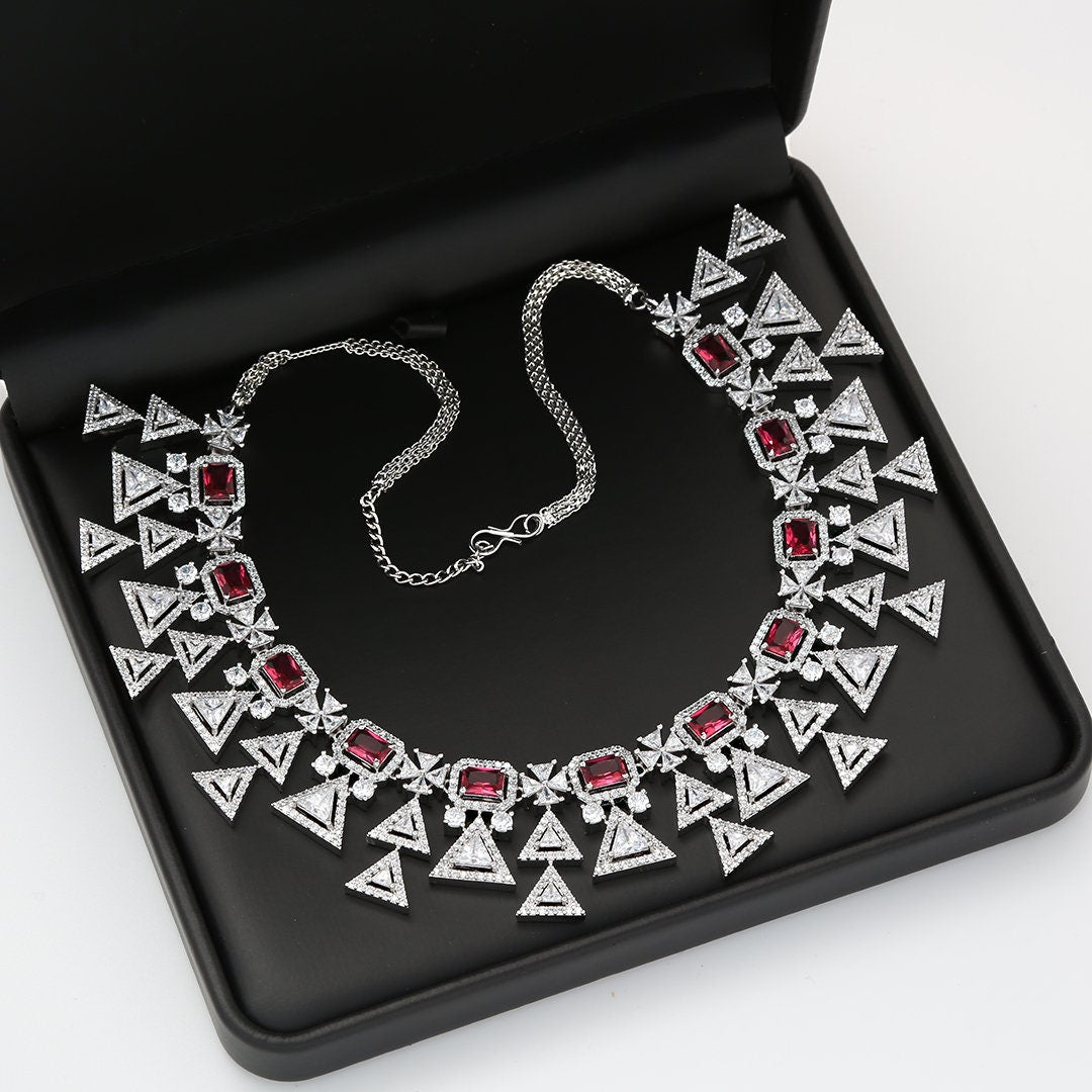 CZ Silver American Diamond Trendy Indian Wedding Jewelry Necklace|  Bollywood Bridal set| Blue Statement necklace Earring Set| Gift for her